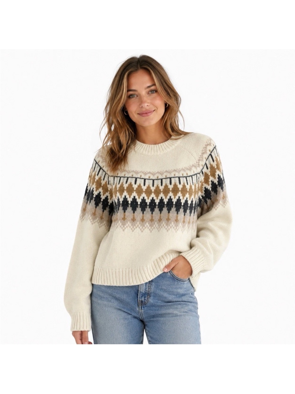 American Eagle Women's Fair Isle Raglan Knit Pullover Sweater Cream Sz Small